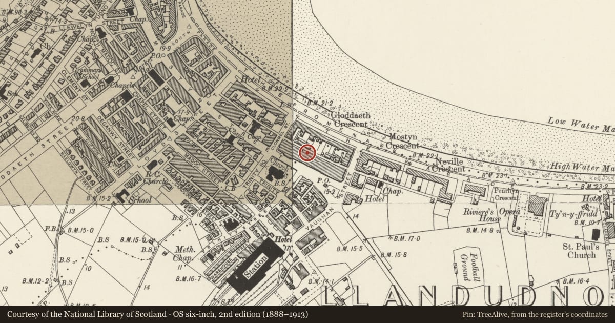 Ordnance Survey six-inch map, 2nd edition (1888–1913) covering the location of 6 Bodafon Street, Llandudno, Conwy, with a pin at the register's coordinates