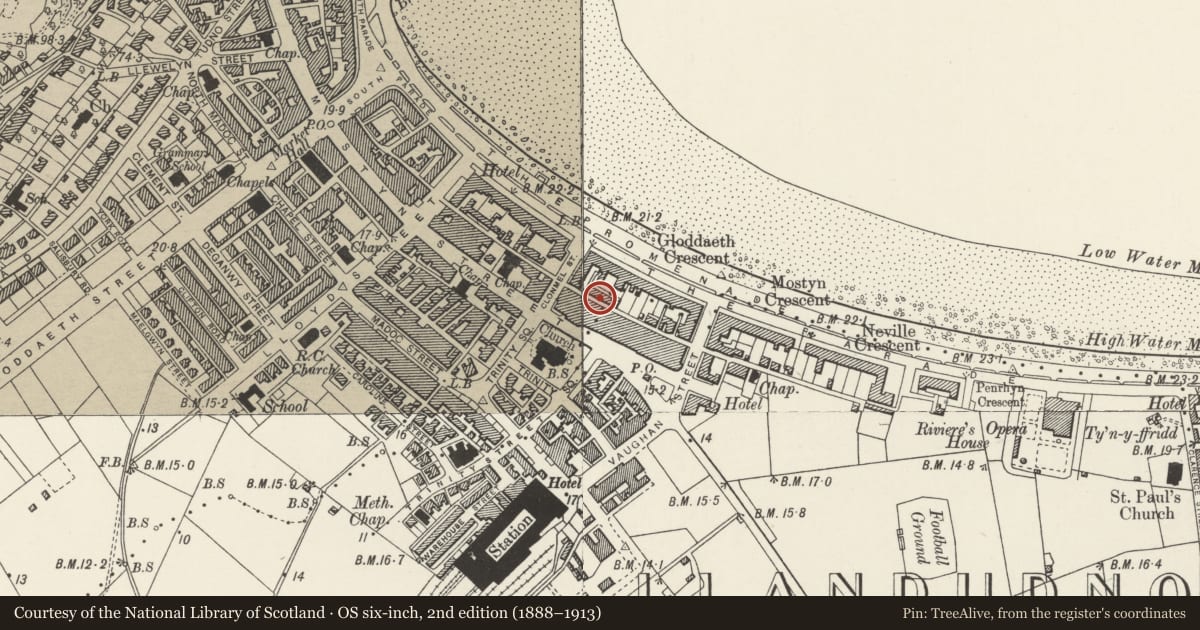 Ordnance Survey six-inch map, 2nd edition (1888–1913) covering the location of 26 Bodafon Street, Llandudno, Conwy, with a pin at the register's coordinates