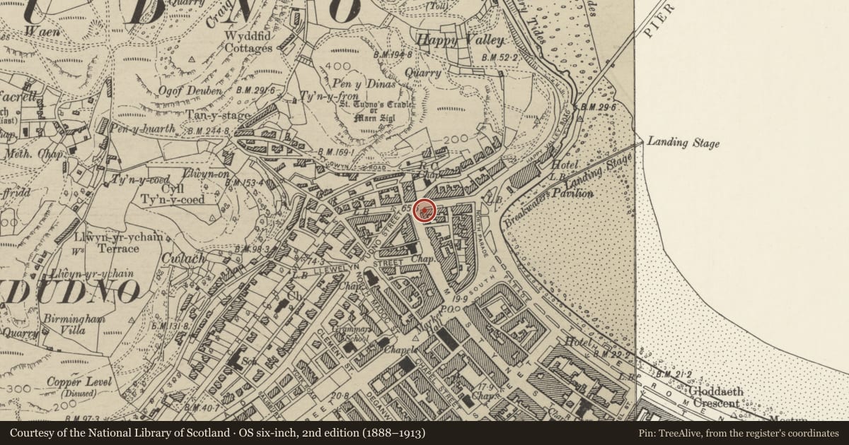 Ordnance Survey six-inch map, 2nd edition (1888–1913) covering the location of 10 Church Walks, Llandudno, Conwy, with a pin at the register's coordinates