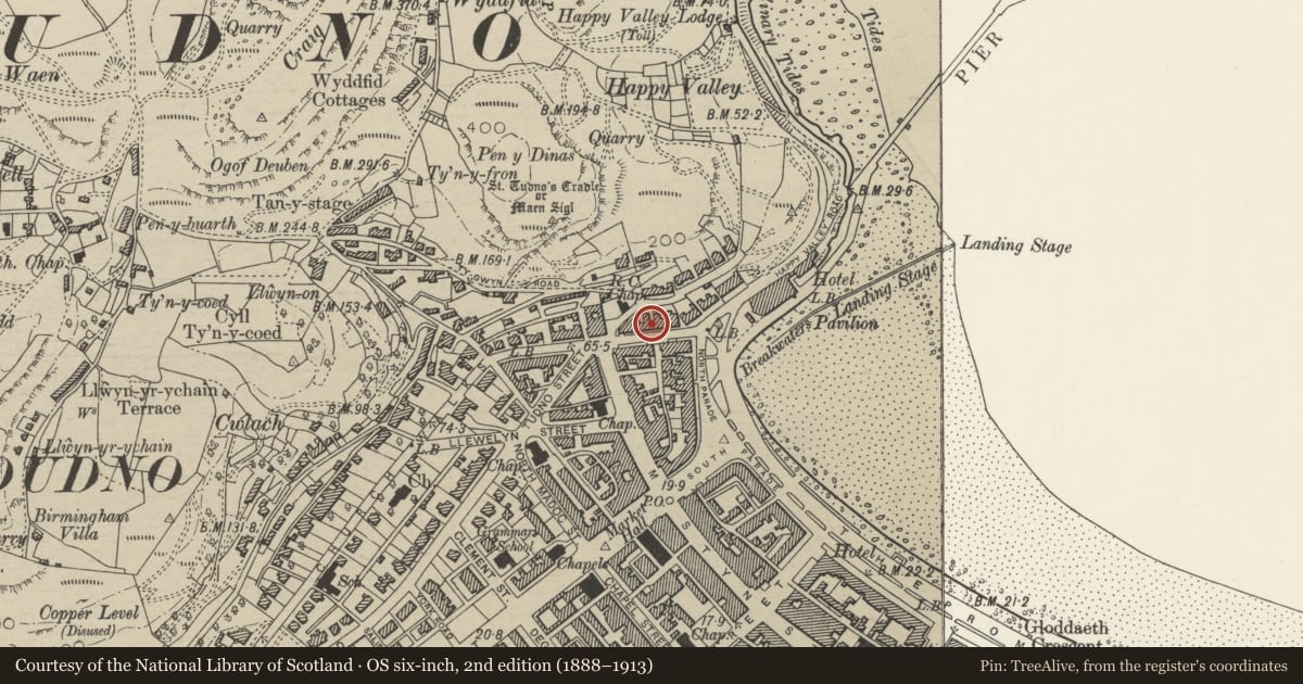 Ordnance Survey six-inch map, 2nd edition (1888–1913) covering the location of 79 Church Walks, Llandudno, Conwy, with a pin at the register's coordinates