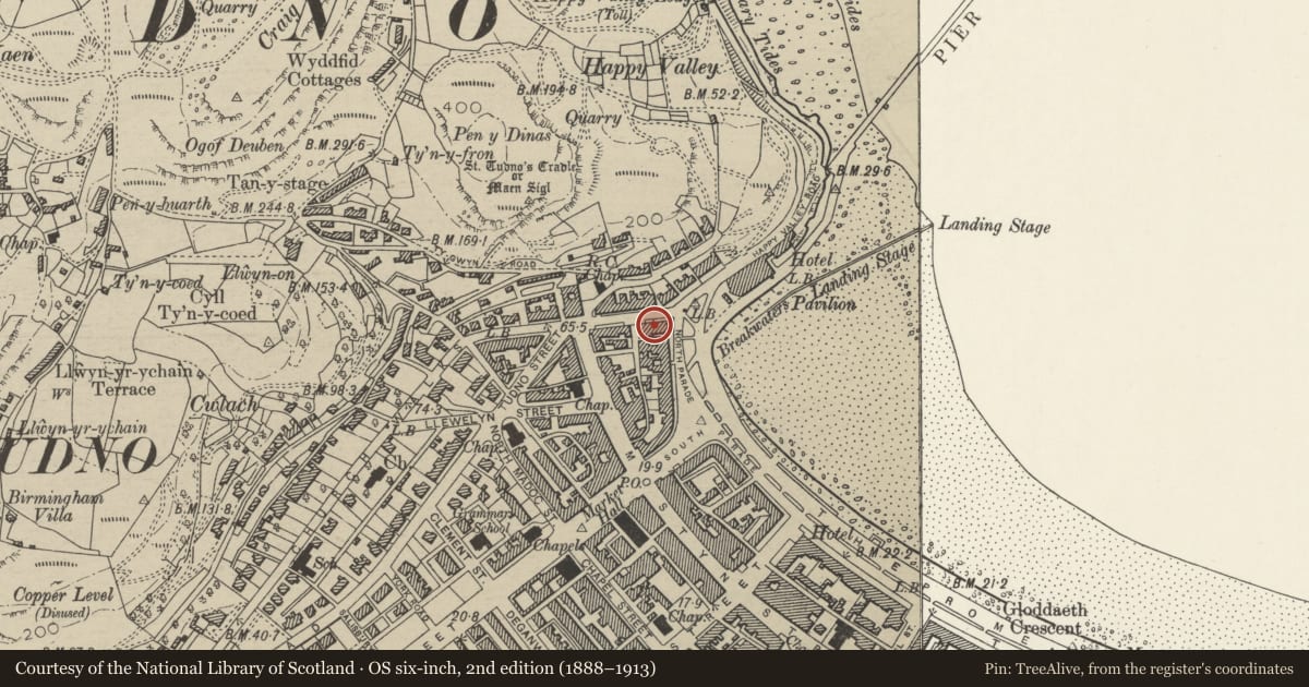 Ordnance Survey six-inch map, 2nd edition (1888–1913) covering the location of 1 Church Walks, Llandudno, Conwy, with a pin at the register's coordinates