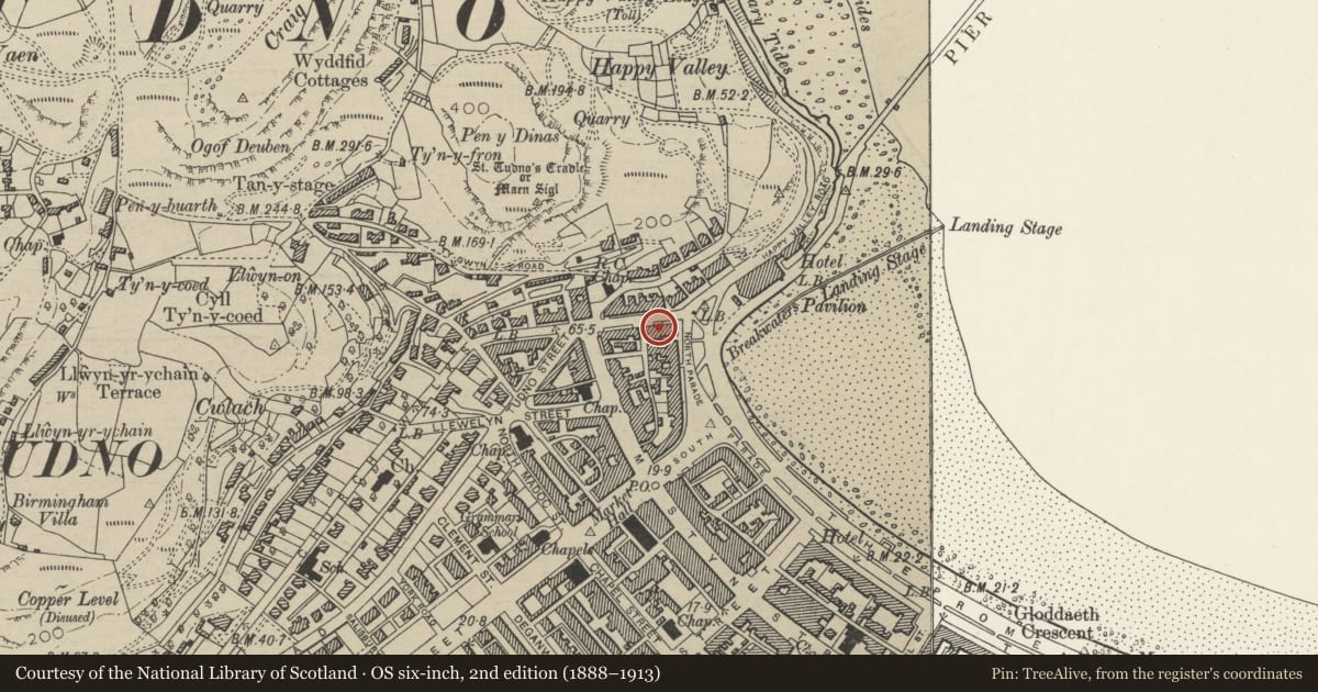 Ordnance Survey six-inch map, 2nd edition (1888–1913) covering the location of 2 Church Walks, Llandudno, Conwy, with a pin at the register's coordinates