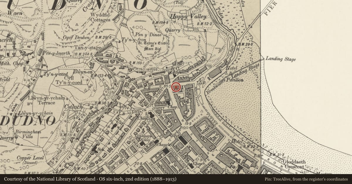 Ordnance Survey six-inch map, 2nd edition (1888–1913) covering the location of 8 Church Walks, Llandudno, Conwy, with a pin at the register's coordinates
