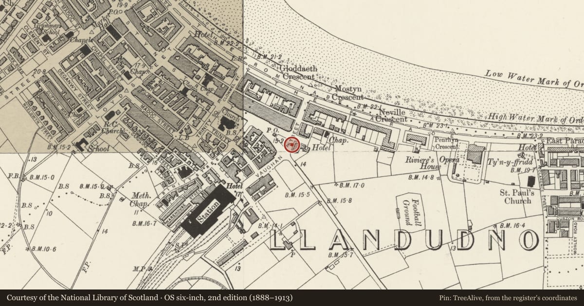 Ordnance Survey six-inch map, 2nd edition (1888–1913) covering the location of Group of 3 Lamp Standards, Llandudno, Conwy, with a pin at the register's coordinates