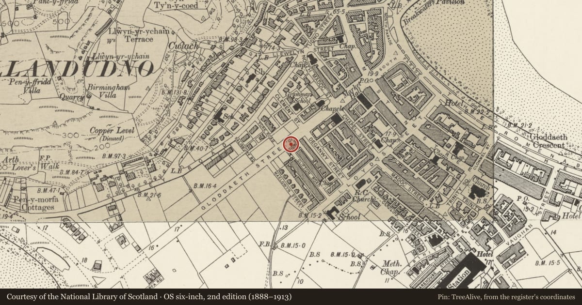 Ordnance Survey six-inch map, 2nd edition (1888–1913) covering the location of Pillar Box on corner with Clifton Road, Llandudno, Conwy, with a pin at the register's coordinates