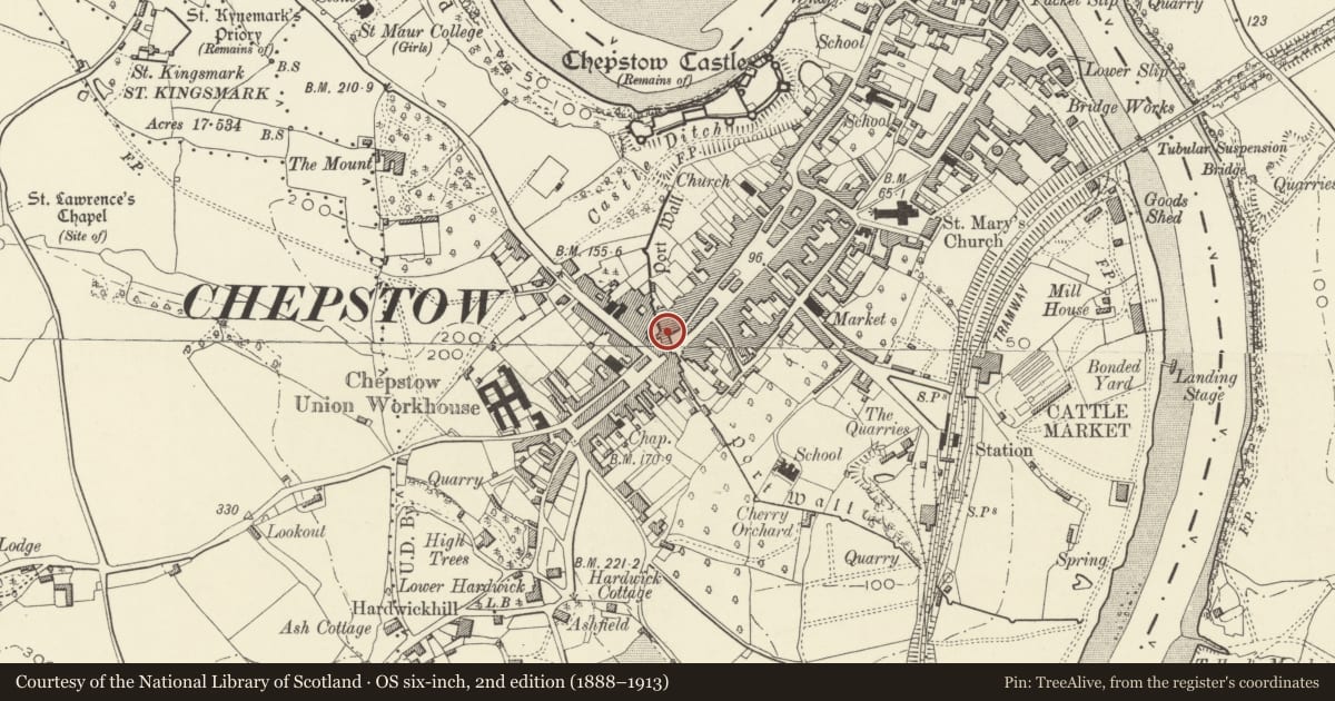 Ordnance Survey six-inch map, 2nd edition (1888–1913) covering the location of White Lion Inn, Chepstow, Monmouthshire, with a pin at the register's coordinates