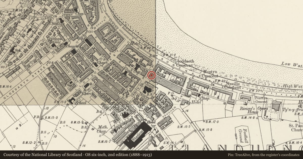 Ordnance Survey six-inch map, 2nd edition (1888–1913) covering the location of 9 Clonmel Street, Llandudno, Conwy, with a pin at the register's coordinates
