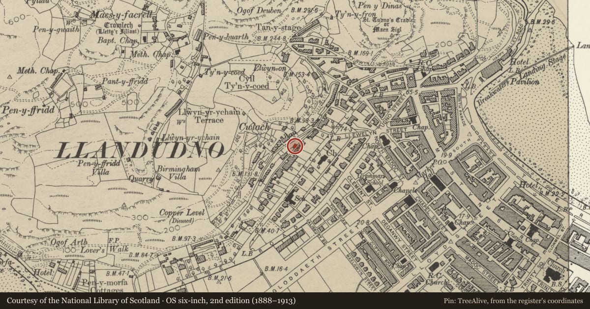 Ordnance Survey six-inch map, 2nd edition (1888–1913) covering the location of 2 Cwlach Street, including garden walls & railings, Llandudno, Conwy, with a pin at the register's coordinates