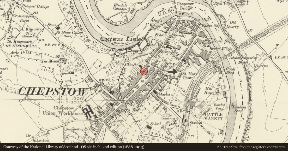 Ordnance Survey six-inch map, 2nd edition (1888–1913) covering the location of 8 Hocker Hill Street, Chepstow, Monmouthshire, with a pin at the register's coordinates