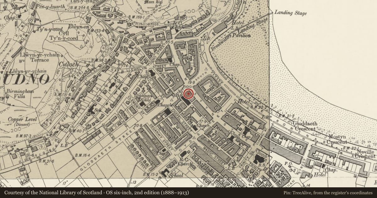 Ordnance Survey six-inch map, 2nd edition (1888–1913) covering the location of 3 Gloddaeth Street, Llandudno, Conwy, with a pin at the register's coordinates