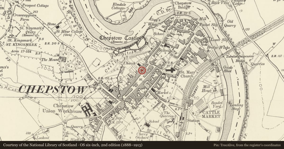 Ordnance Survey six-inch map, 2nd edition (1888–1913) covering the location of 9 Hocker Hill Street, Chepstow, Monmouthshire, with a pin at the register's coordinates