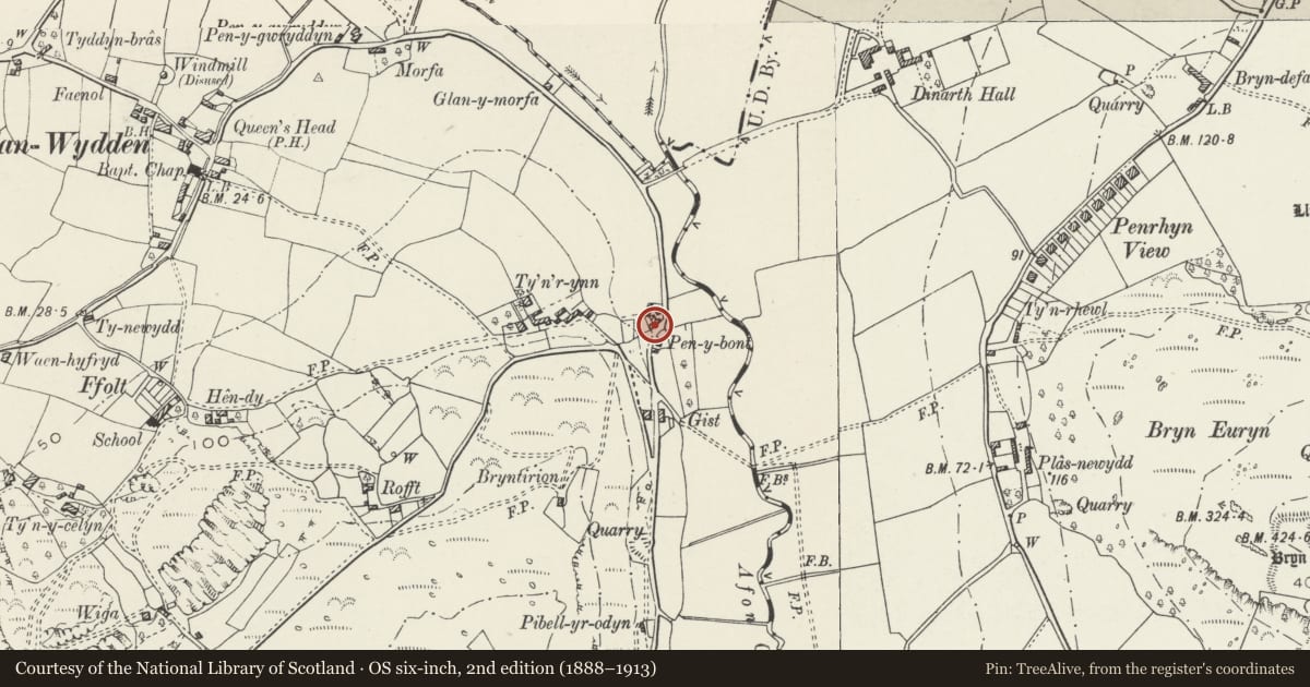 Ordnance Survey six-inch map, 2nd edition (1888–1913) covering the location of Pen-y-Bont Isa, Llandudno, Conwy, with a pin at the register's coordinates