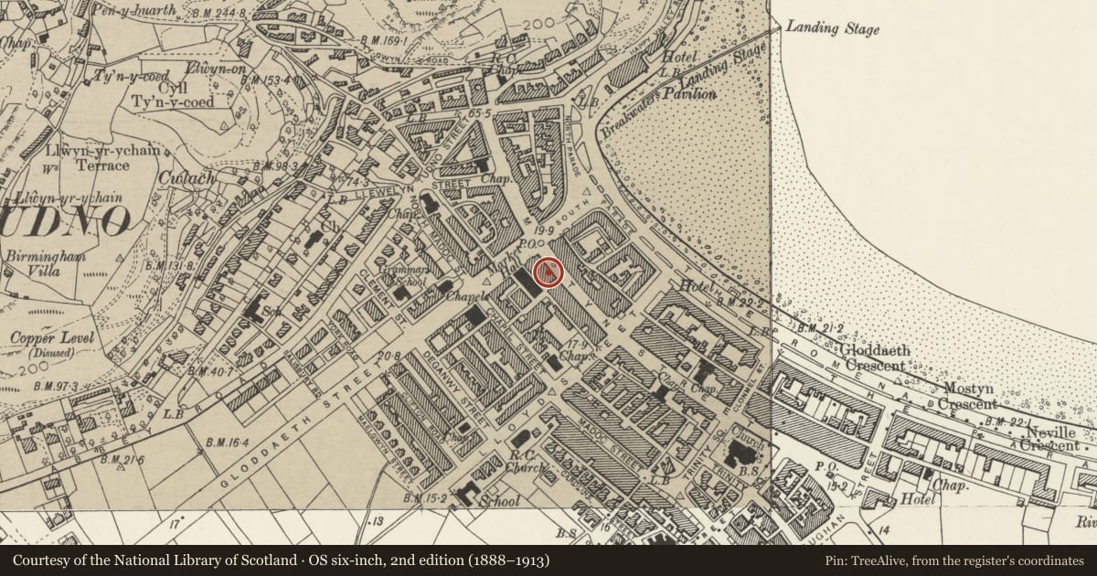 Ordnance Survey six-inch map, 2nd edition (1888–1913) covering the location of 88&90 Mostyn Street, Llandudno, Conwy, with a pin at the register's coordinates