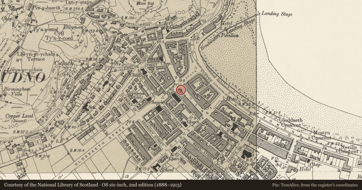 Ordnance Survey six-inch map, 2nd edition (1888–1913) covering the location of 94 Mostyn Street, Llandudno, Conwy, with a pin at the register's coordinates