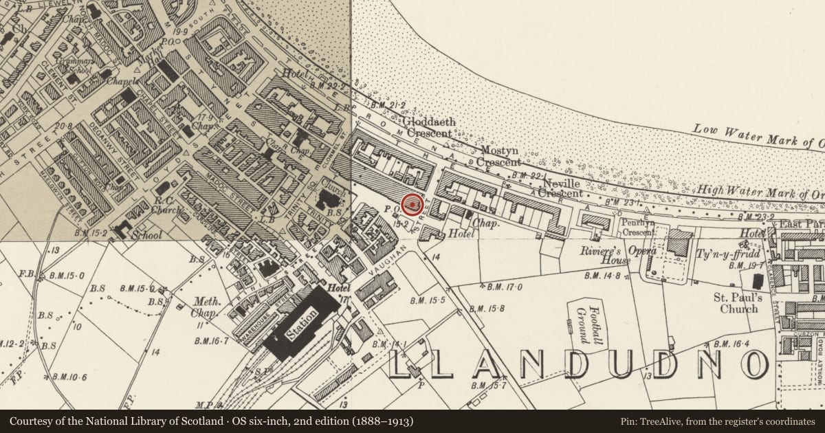 Ordnance Survey six-inch map, 2nd edition (1888–1913) covering the location of 3 Mostyn Street, Llandudno, Conwy, with a pin at the register's coordinates