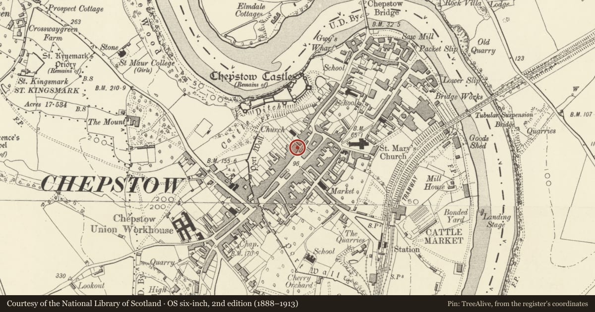 Ordnance Survey six-inch map, 2nd edition (1888–1913) covering the location of 10 Hocker Hill Street, Chepstow, Monmouthshire, with a pin at the register's coordinates