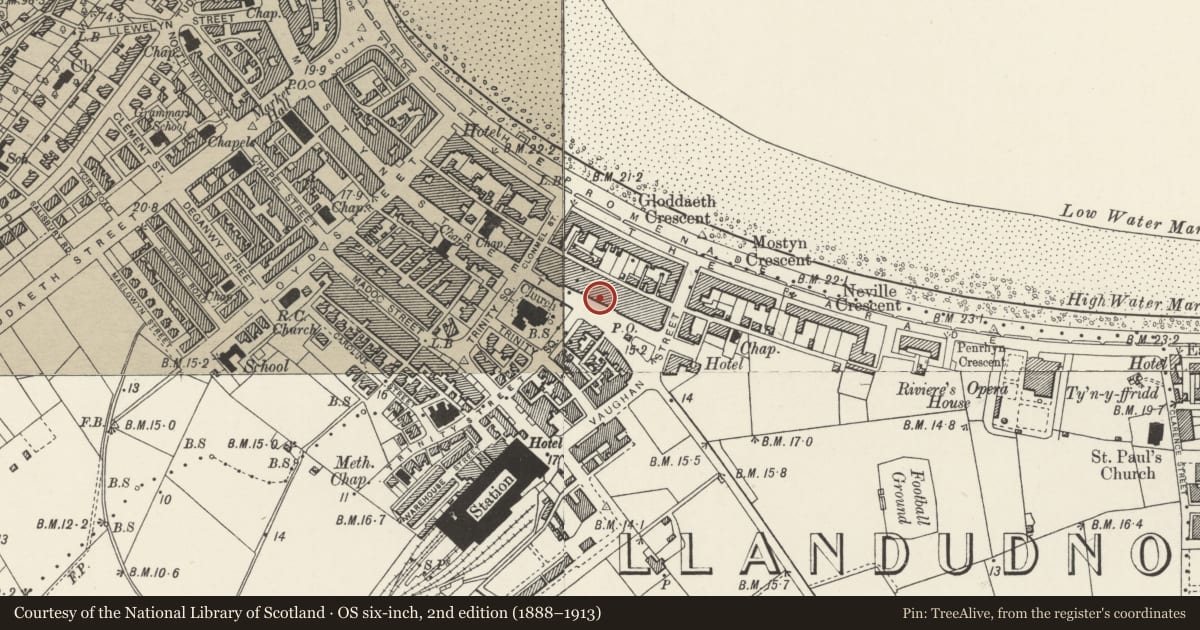 Ordnance Survey six-inch map, 2nd edition (1888–1913) covering the location of 23 Mostyn Street, Llandudno, Conwy, with a pin at the register's coordinates