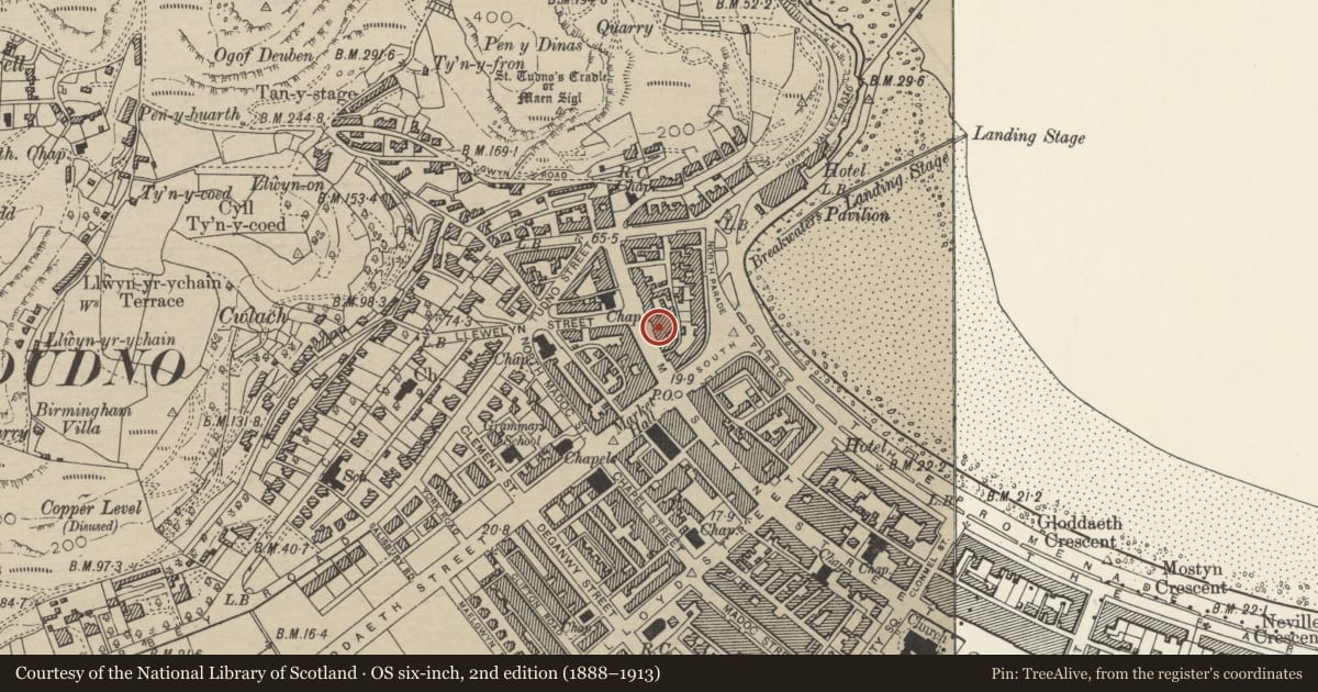 Ordnance Survey six-inch map, 2nd edition (1888–1913) covering the location of 133 Mostyn Street, Llandudno, Conwy, with a pin at the register's coordinates