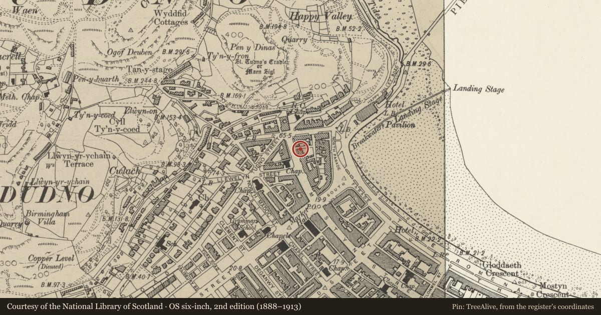 Ordnance Survey six-inch map, 2nd edition (1888–1913) covering the location of 153 Mostyn Street, Llandudno, Conwy, with a pin at the register's coordinates