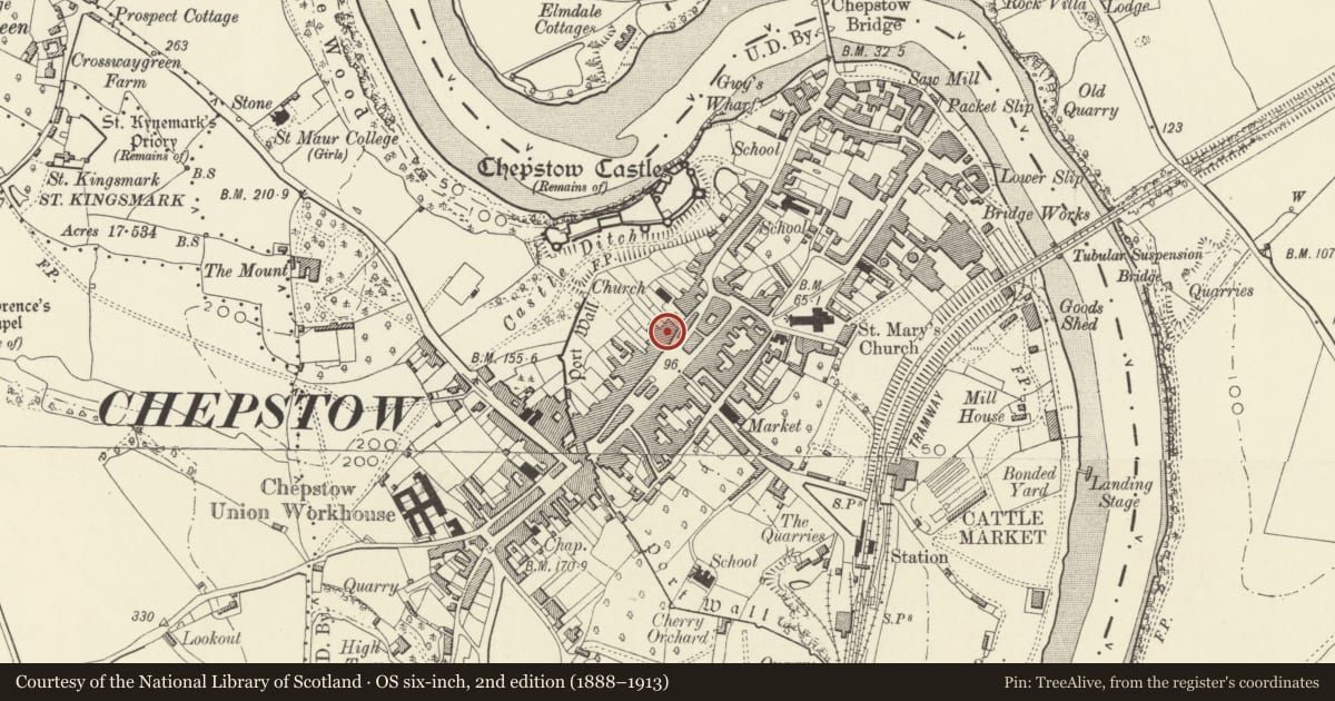 Ordnance Survey six-inch map, 2nd edition (1888–1913) covering the location of St Maur including iron forecourt railings, Chepstow, Monmouthshire, with a pin at the register's coordinates