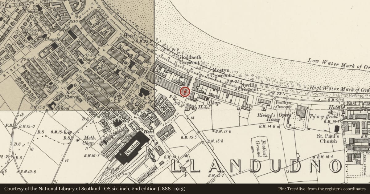 Ordnance Survey six-inch map, 2nd edition (1888–1913) covering the location of 24 Vaughan Street, Llandudno, Conwy, with a pin at the register's coordinates