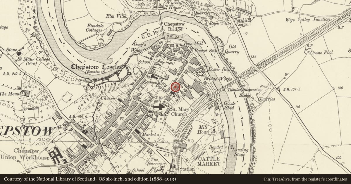 Ordnance Survey six-inch map, 2nd edition (1888–1913) covering the location of 7 Lower Church Street, Chepstow, Monmouthshire, with a pin at the register's coordinates