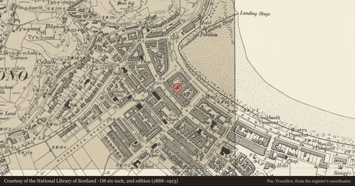 Ordnance Survey six-inch map, 2nd edition (1888–1913) covering the location of 5 Trevor Street, including forecourt walls and rear garden wall, Llandudno, Conwy, with a pin at the register's coordinates