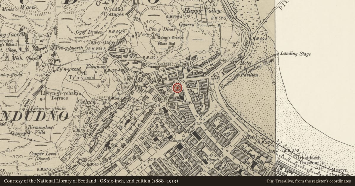 Ordnance Survey six-inch map, 2nd edition (1888–1913) covering the location of 3 Tudno Street, including forecourt walls & piers, Llandudno, Conwy, with a pin at the register's coordinates