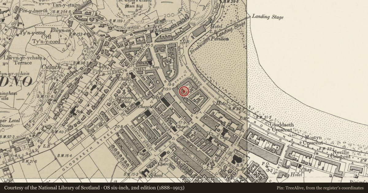 Ordnance Survey six-inch map, 2nd edition (1888–1913) covering the location of 4 Ty-Isa Road, including front garden wall, Llandudno, Conwy, with a pin at the register's coordinates