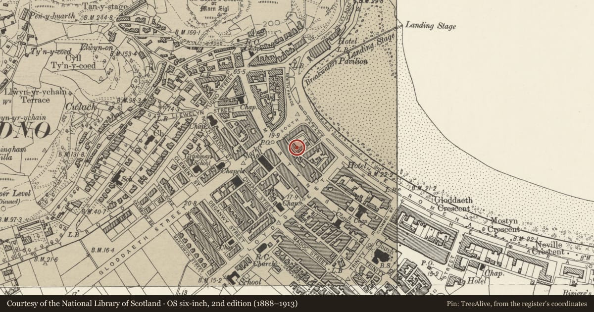 Ordnance Survey six-inch map, 2nd edition (1888–1913) covering the location of 5 Ty-Isa Road, including front garden wall, Llandudno, Conwy, with a pin at the register's coordinates
