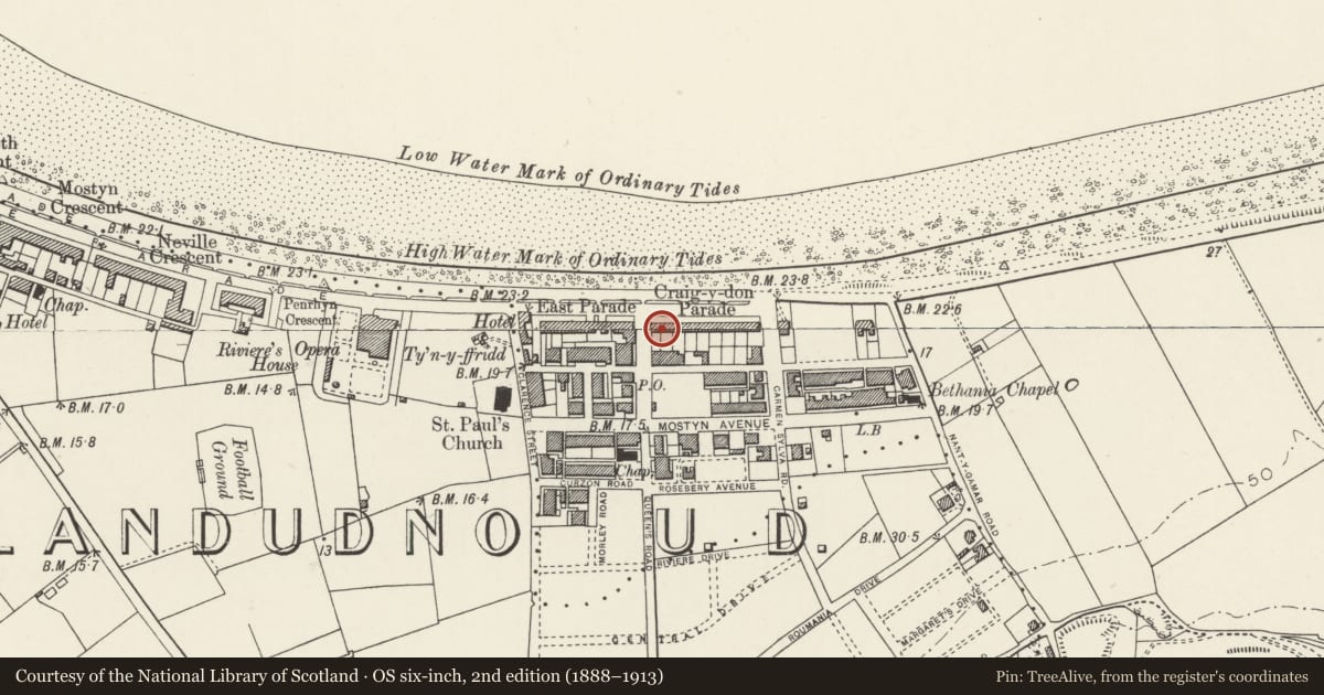 Ordnance Survey six-inch map, 2nd edition (1888–1913) covering the location of No. 2 Graig-y-Don Parade, Llandudno, Conwy, with a pin at the register's coordinates