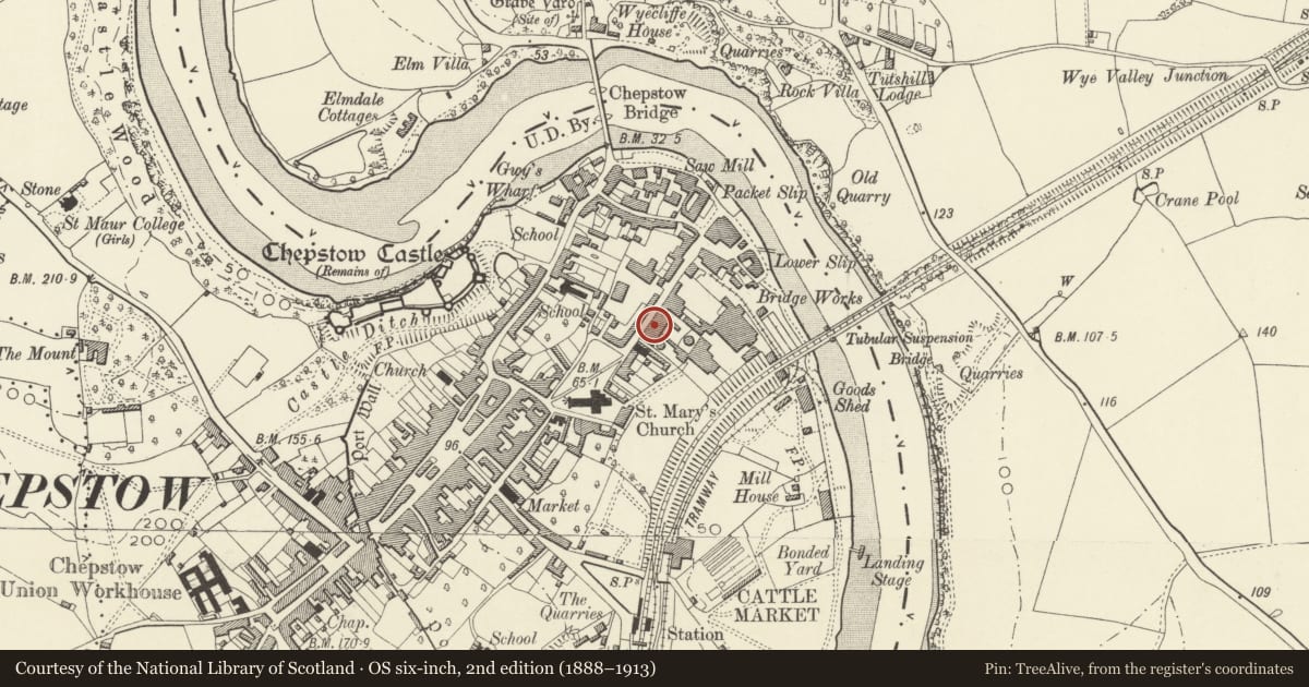 Ordnance Survey six-inch map, 2nd edition (1888–1913) covering the location of 8 Lower Church Street including iron railings, Chepstow, Monmouthshire, with a pin at the register's coordinates