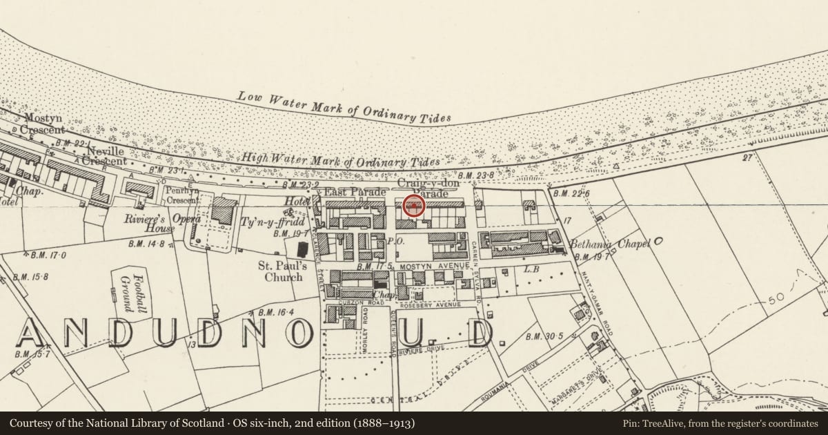 Ordnance Survey six-inch map, 2nd edition (1888–1913) covering the location of No. 5 Graig-y-Don Parade, Llandudno, Conwy, with a pin at the register's coordinates
