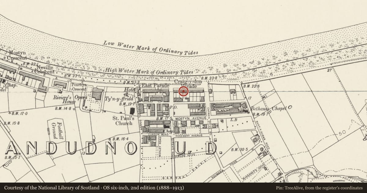 Ordnance Survey six-inch map, 2nd edition (1888–1913) covering the location of No. 6 Graig-y-Don Parade, Llandudno, Conwy, with a pin at the register's coordinates
