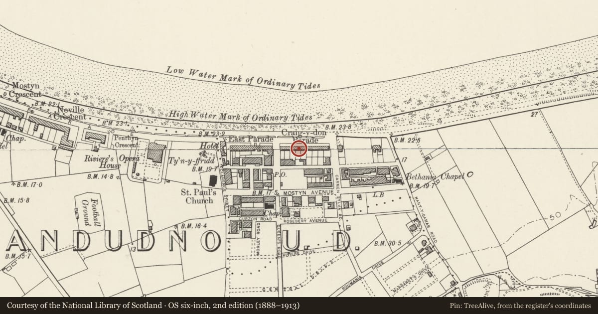 Ordnance Survey six-inch map, 2nd edition (1888–1913) covering the location of Rocksley, No. 7 Graig-y-Don Parade, Llandudno, Conwy, with a pin at the register's coordinates