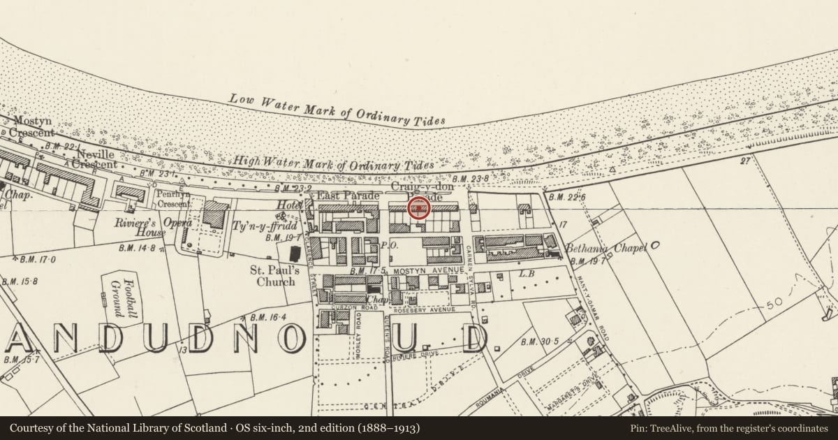 Ordnance Survey six-inch map, 2nd edition (1888–1913) covering the location of No. 8 Graig-y-Don Parade, Llandudno, Conwy, with a pin at the register's coordinates