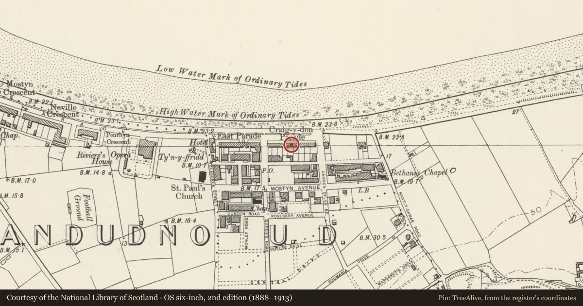 Ordnance Survey six-inch map, 2nd edition (1888–1913) covering the location of No. 9 Graig-y-Don Parade, Llandudno, Conwy, with a pin at the register's coordinates