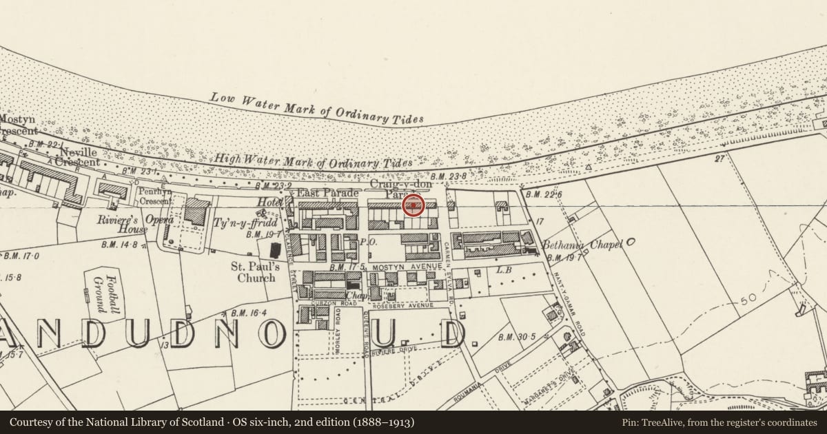 Ordnance Survey six-inch map, 2nd edition (1888–1913) covering the location of No. 12 Graig-y-Don Parade, Llandudno, Conwy, with a pin at the register's coordinates