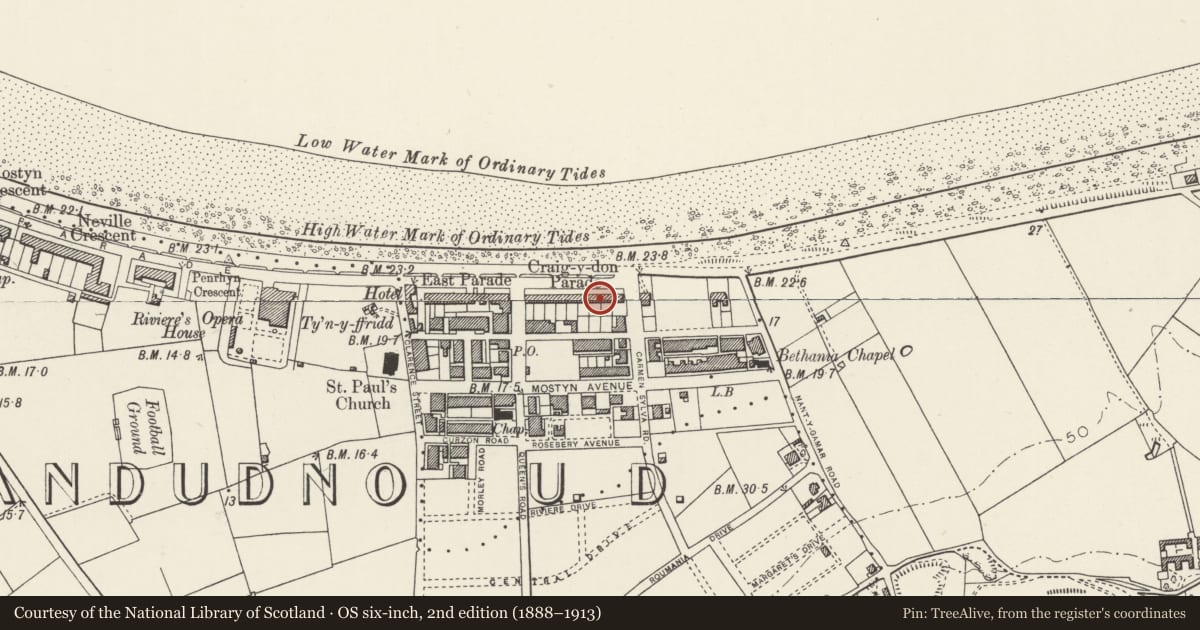 Ordnance Survey six-inch map, 2nd edition (1888–1913) covering the location of Grafton Hotel, Nos.13 & 14 Graig-y-Don Parade, Llandudno, Conwy, with a pin at the register's coordinates