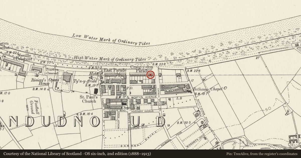 Ordnance Survey six-inch map, 2nd edition (1888–1913) covering the location of Britannia, No. 15 Graig-y-Don Parade, Llandudno, Conwy, with a pin at the register's coordinates