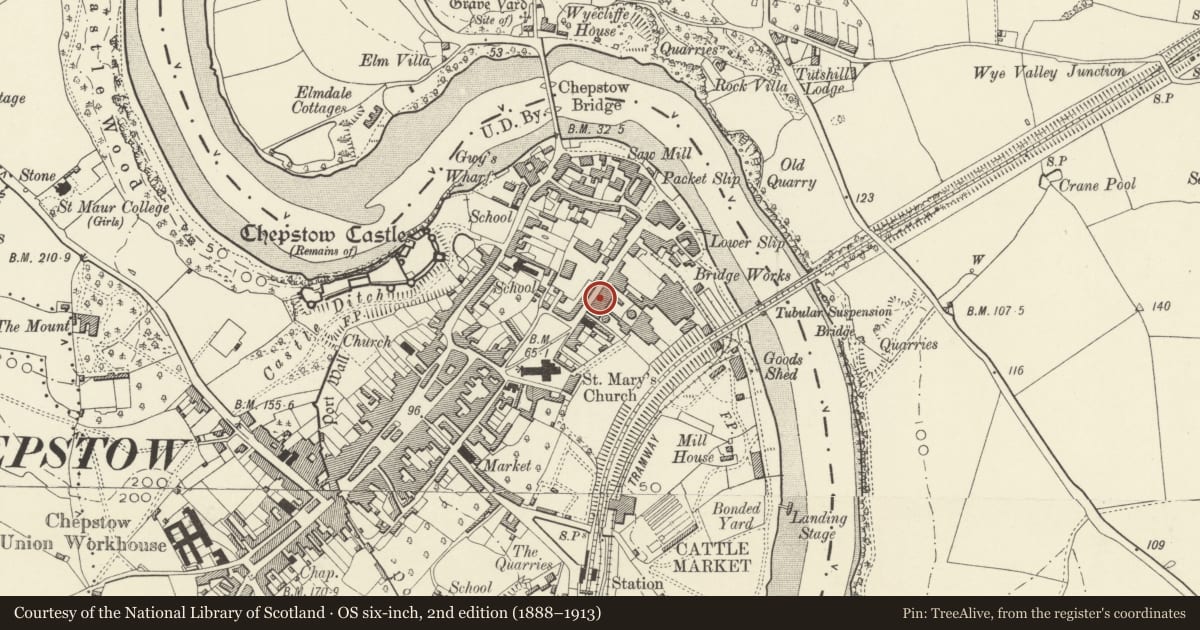 Ordnance Survey six-inch map, 2nd edition (1888–1913) covering the location of Nos. 9&10 Lower Church Street and attached railings to No. 10, Chepstow, Monmouthshire, with a pin at the register's coordinates