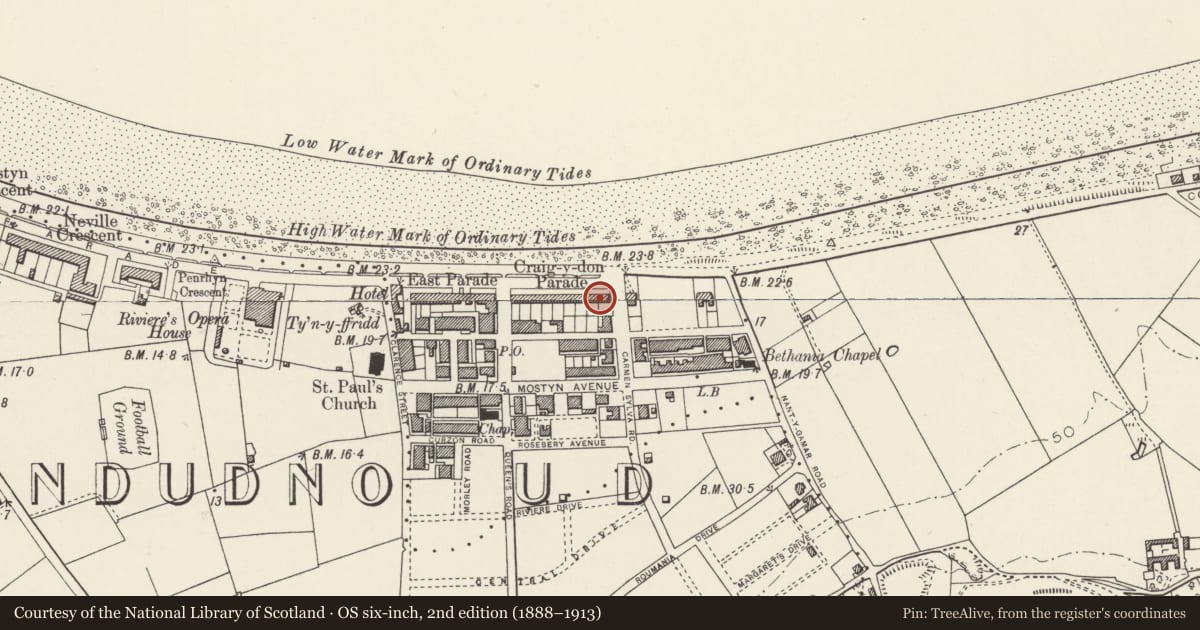 Ordnance Survey six-inch map, 2nd edition (1888–1913) covering the location of No. 16 Graig-y-Don Parade, Llandudno, Conwy, with a pin at the register's coordinates