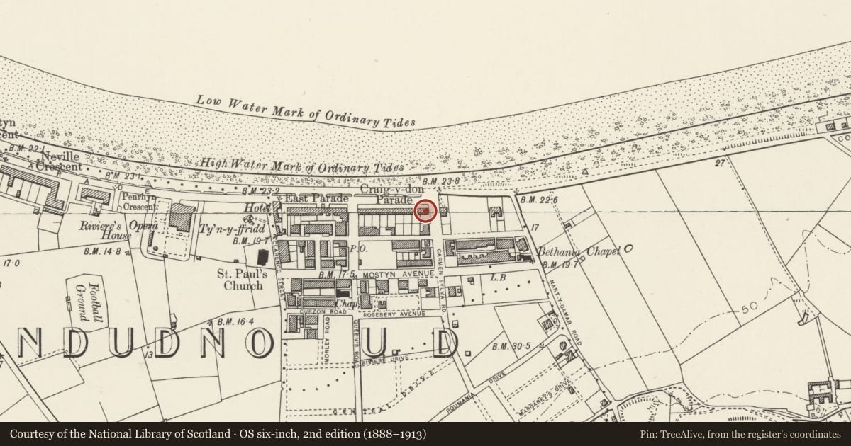 Ordnance Survey six-inch map, 2nd edition (1888–1913) covering the location of No. 17 Graig-y-Don Parade, Llandudno, Conwy, with a pin at the register's coordinates