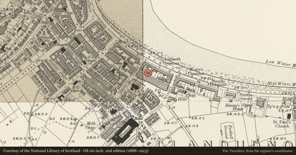 Ordnance Survey six-inch map, 2nd edition (1888–1913) covering the location of 25 Bodafon Street, Llandudno, Conwy, with a pin at the register's coordinates