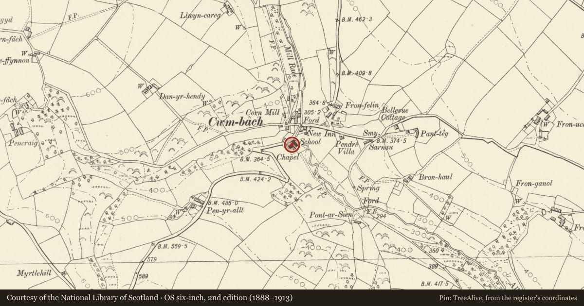 Ordnance Survey six-inch map, 2nd edition (1888–1913) covering the location of Capel y Graig and attached railings and gates, Llanwinio, Carmarthenshire, with a pin at the register's coordinates