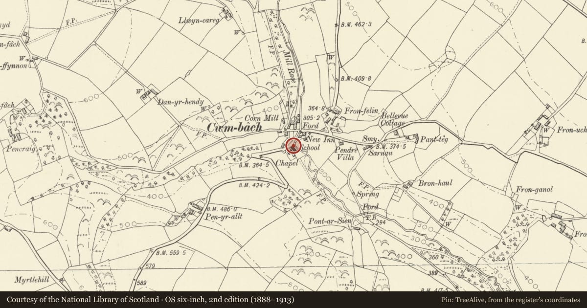 Ordnance Survey six-inch map, 2nd edition (1888–1913) covering the location of Cwmbach County Primary School, Llanwinio, Carmarthenshire, with a pin at the register's coordinates