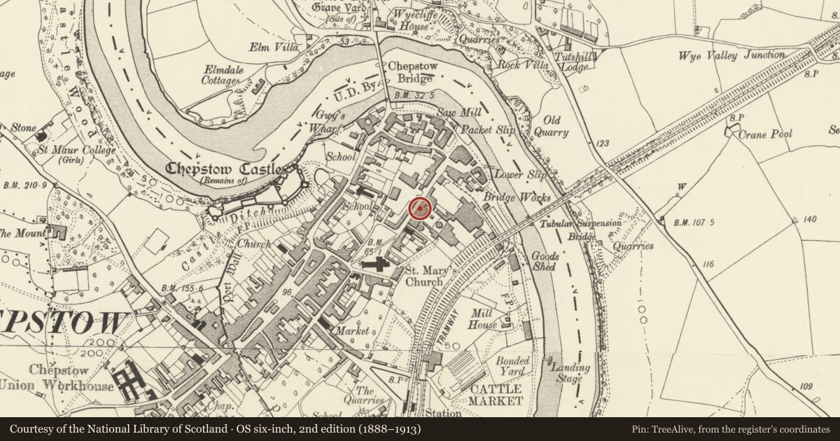 Ordnance Survey six-inch map, 2nd edition (1888–1913) covering the location of 11 Lower Church Street, Chepstow, Monmouthshire, with a pin at the register's coordinates