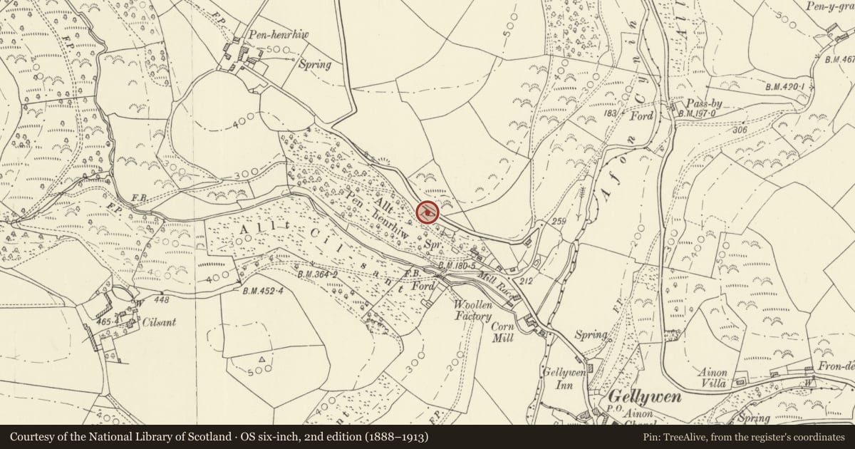 Ordnance Survey six-inch map, 2nd edition (1888–1913) covering the location of Pentairrhiw, Llanwinio, Carmarthenshire, with a pin at the register's coordinates