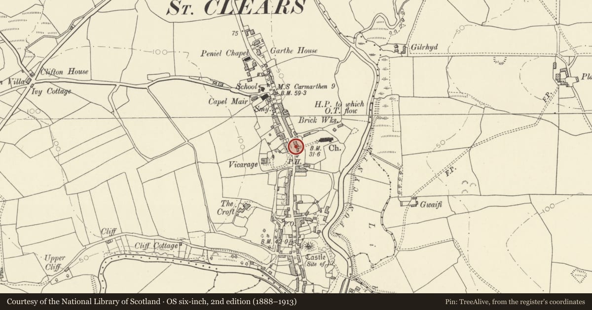 Ordnance Survey six-inch map, 2nd edition (1888–1913) covering the location of Lychgate to the Parish Church, including wall to N, St. Clears, Carmarthenshire, with a pin at the register's coordinates