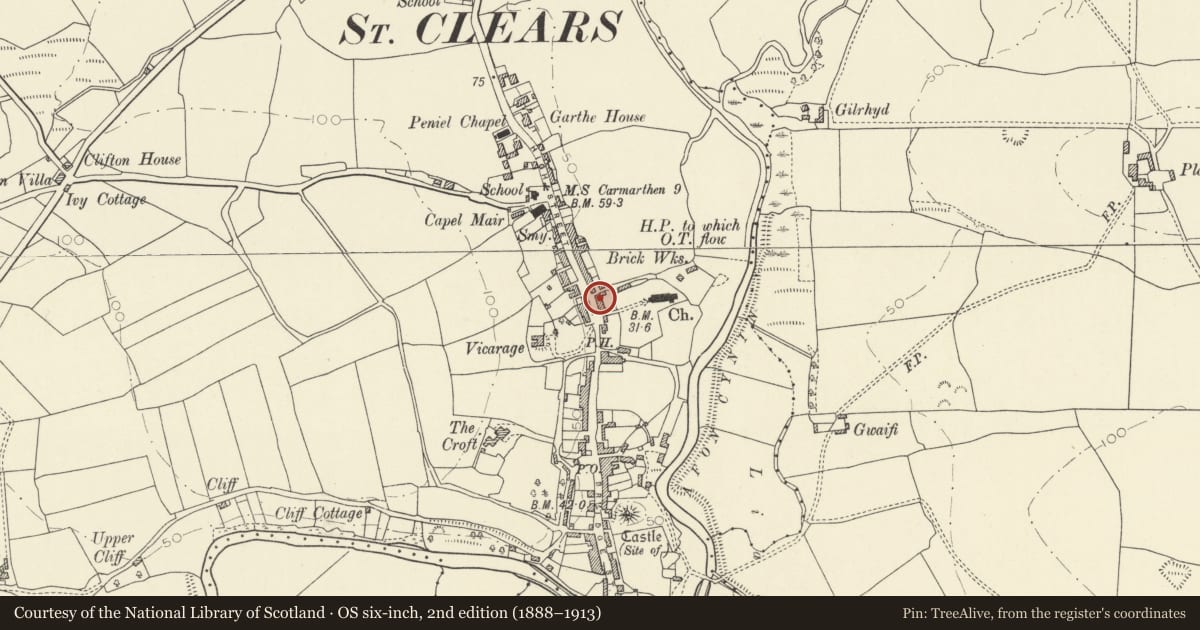 Ordnance Survey six-inch map, 2nd edition (1888–1913) covering the location of Cross House, St. Clears, Carmarthenshire, with a pin at the register's coordinates